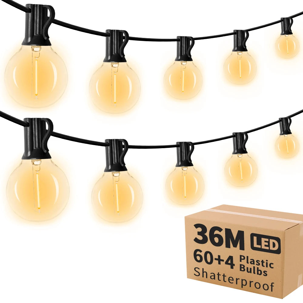 LED 36 m outdoor string light with 64 plastic bulbs