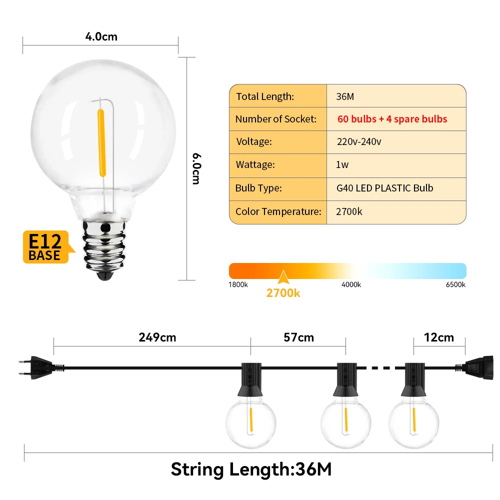 LED 36 m outdoor string light with 64 plastic bulbs