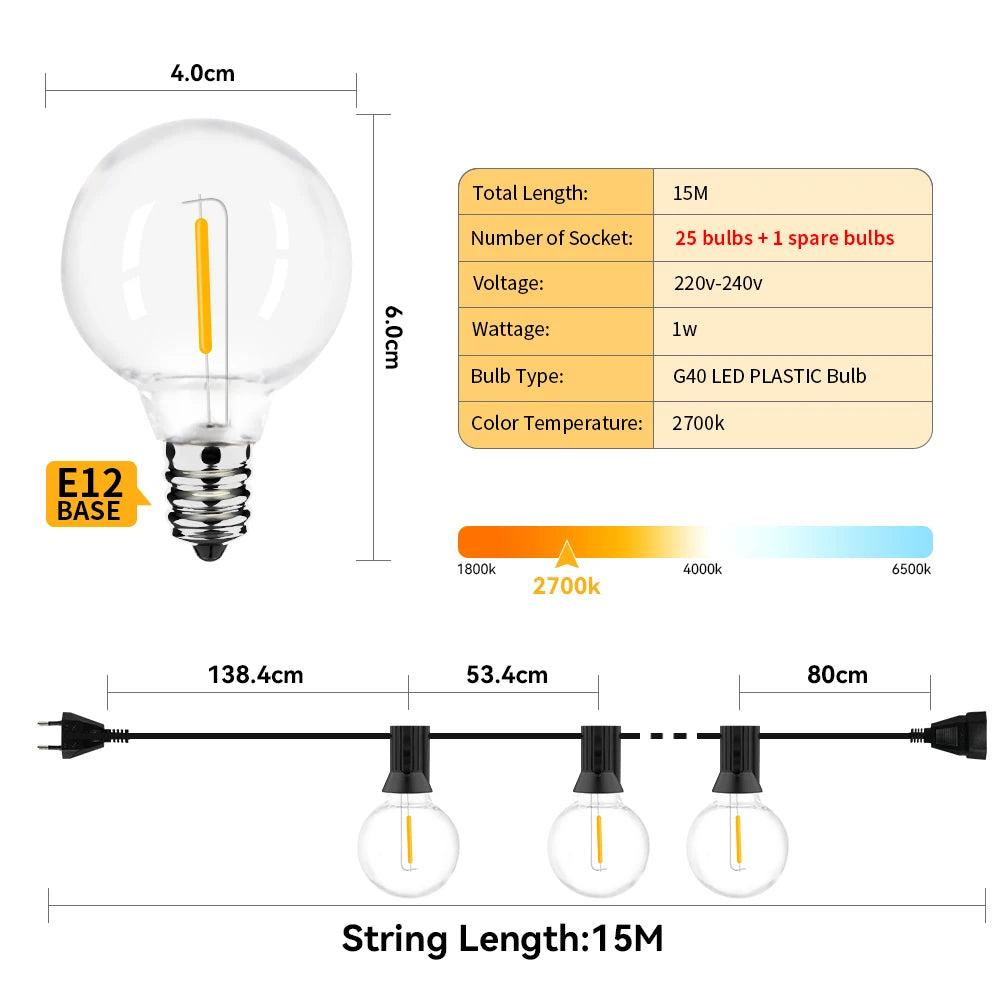 LED 36 m outdoor string light with 64 plastic bulbs